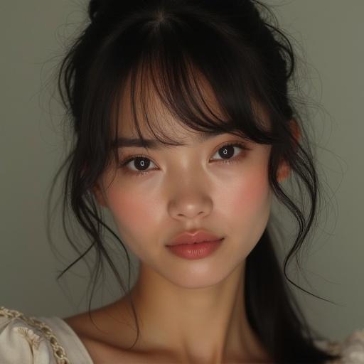 Portrait of an Asian woman inspired by Thelma with natural makeup and soft lighting.