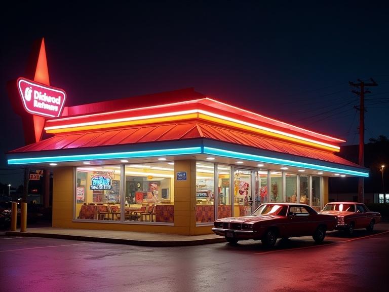 Vibrant 1980s fast food restaurant at night. Colorful neon and fluorescent lighting. Building has bold geometric shapes. Wide overhanging roof with large glass windows. Interior has retro decor. Bright patterned carpets and colorful seating. Classic 80s cars parked outside. Wet pavement reflects neon lights. Nostalgic and welcoming atmosphere of 80s architecture.