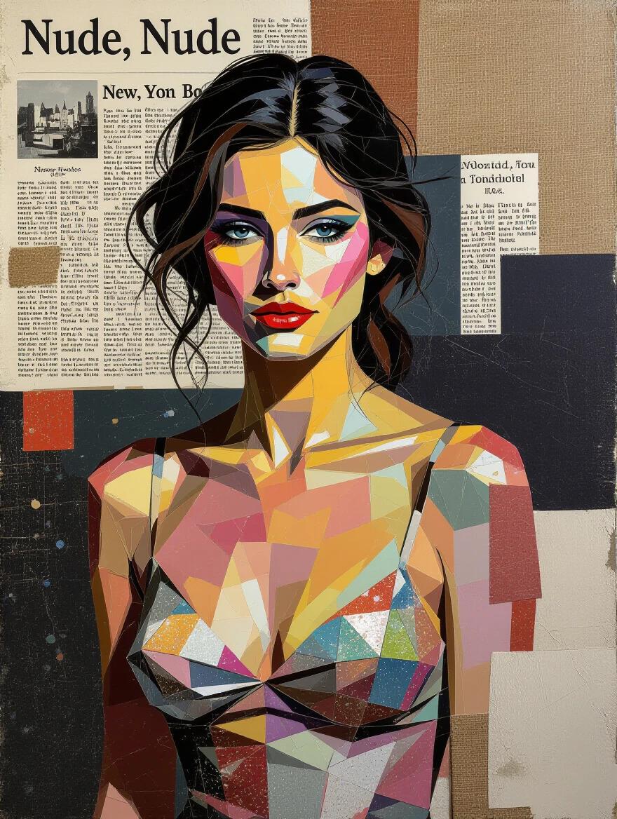 Stylized portrait of a woman with vibrant colors and mixed media elements. Incorporates newspaper and textured materials. Features a beautiful composition that evokes depth and emotion. High resolution.