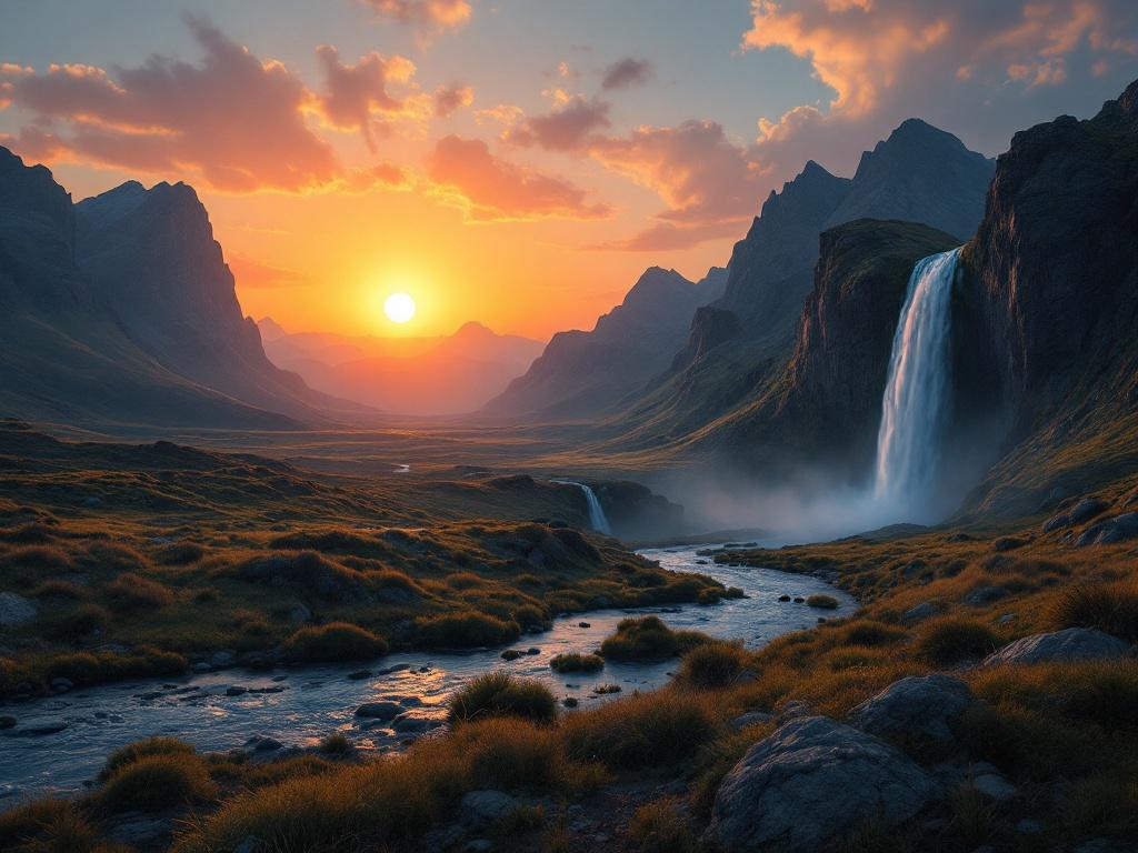 The image depicts a stunning landscape at sunrise, featuring majestic mountains and expansive grasslands. A river winds through the valley, leading toward a magnificent waterfall. The sun rises on the opposite side of the camera, casting brilliant colors across the sky in hues of golden yellow and soft orange. Details of the grasslands are illuminated, giving them a vibrant appearance. The overall atmosphere is serene and inviting, perfect for nature enthusiasts.