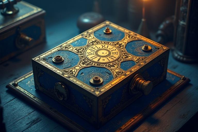 A mysterious puzzle box filled with gears and locks glows faintly in a dimly lit space. The design is isometric with rich dark navy and gold colors. An eye-catching 'SOLVE THE MYSTERY' badge is added and 'ESCAPE ROOM KIT' text overlay.