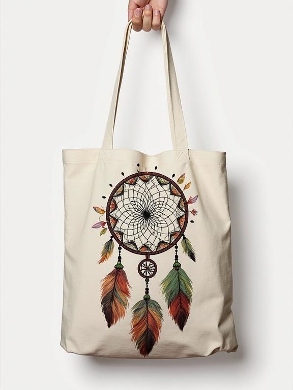 A tote bag featuring a dreamcatcher design. The dreamcatcher has beads, feathers and floral patterns. It embodies a bohemian style with a natural aesthetic.
