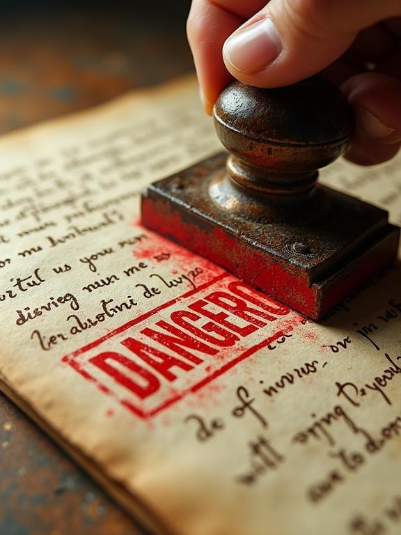 Close up image of a hand stamping the word dangerous on ancient script. Stamp has red ink. Scene is cinematic and dramatic.
