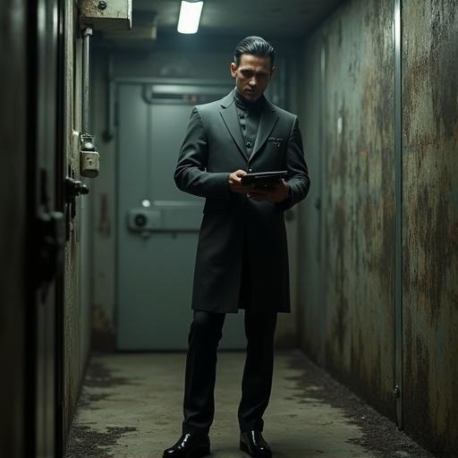 Photorealistic portrayal of a male bureaucrat in an advanced, tailored outfit. Standing in a dim corridor with metal walls and visible decay. Subject conveys authority and disdain. Holding a data slate.