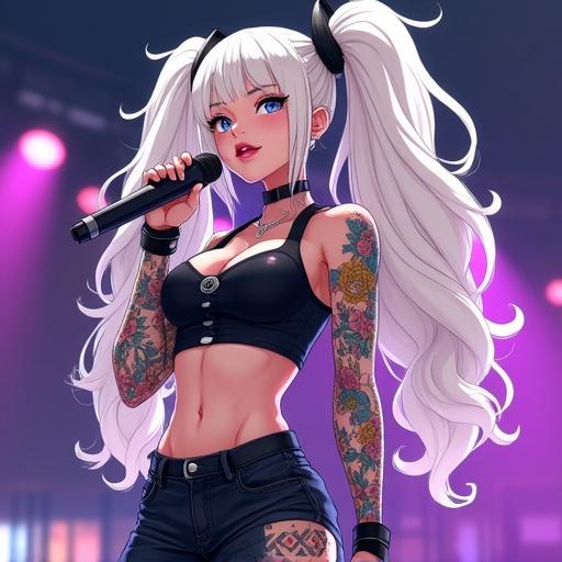 Anime character at a concert. Woman with long pigtails and colorful tattoos. Wearing punk rock concert outfit. Singing on stage with a microphone. Dynamic lighting and vibrant atmosphere.