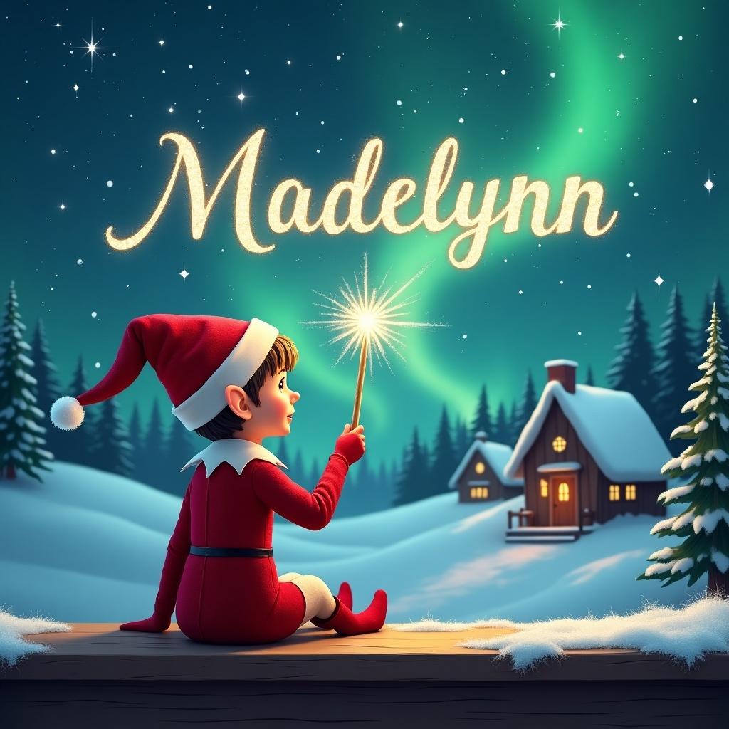 An elf sits on a wooden ledge with back to camera. The elf is gazing at the magical sky. Dressed in a red outfit with a hat, holds a sparkling wand. With wand, the elf writes the name Madelynn in the starry sky. Background shows a snowy landscape with charming houses and evergreen trees under Northern Lights.