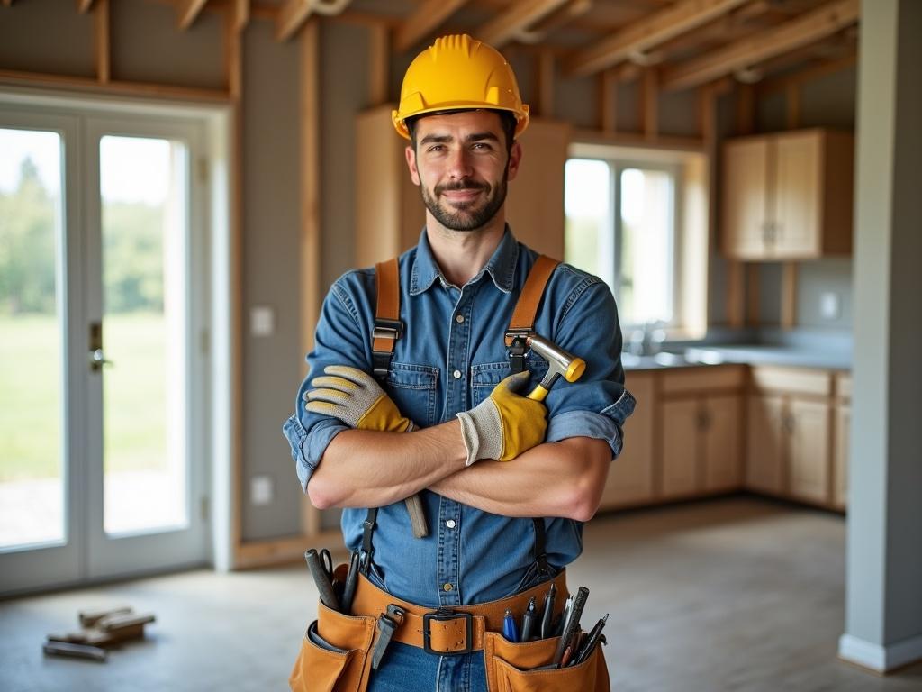 A builder handyman stands confidently holding construction tools, including a hammer and a brightly colored hard hat. He is wearing sturdy work gloves and has a tool belt filled with various gadgets and tools for the job. The background features a house renovation scene, showcasing unfinished cabinets and an open space, providing a glimpse into a construction project. Natural light fills the room, emphasizing the work in progress. The handyman appears focused and ready to tackle the challenges of the renovation.