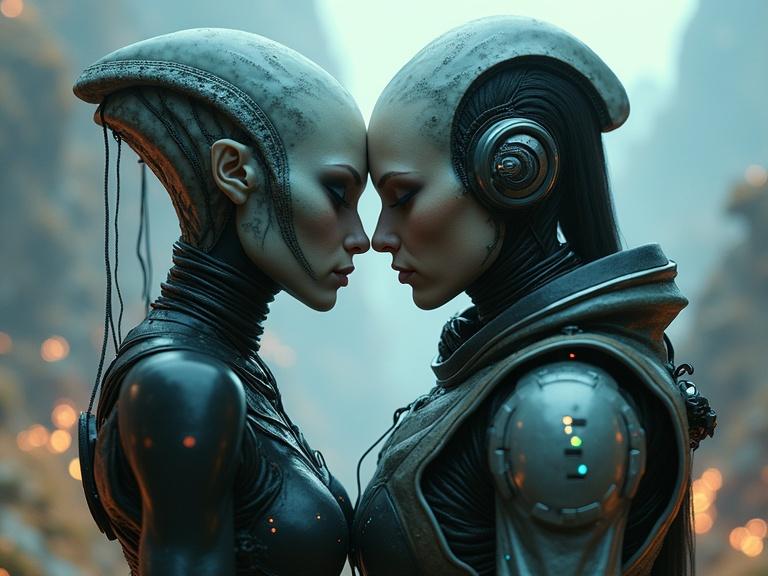 A close-up portrait of two female figures in an embrace. One figure is an alien humanoid with non-human features and iridescent skin. The other is a cyberpunk soldier in futuristic armor. Scene set in an ethereal landscape with glowing plants and a misty sky. Soft lighting enhances emotional mood.