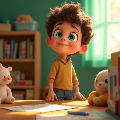 Max looks determined at his desk pushing aside toys. Room feels less cluttered with a sense of purpose. Character is a 6-year-old boy named Max with curly brown hair and big green eyes in a bright Pixar style.