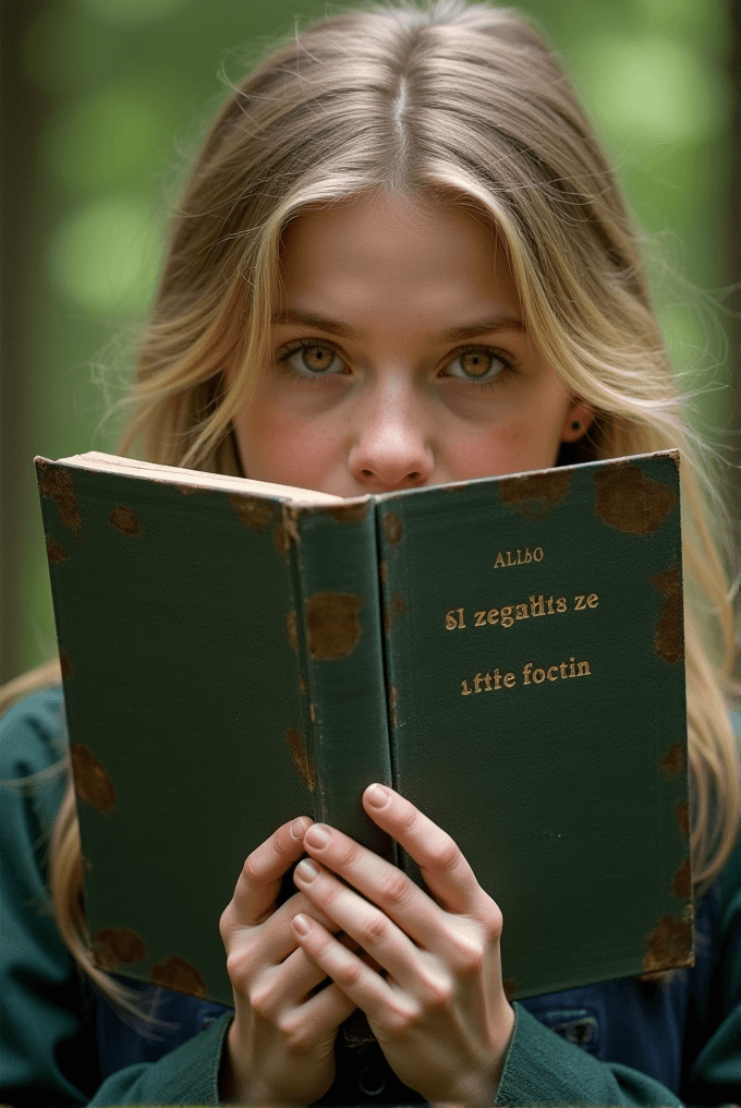 A young woman with blonde hair peers over an old green book, her eyes intently focused, set against a blurred green background.