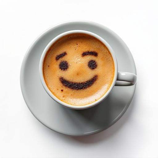 Grey mug filled with coffee viewed from the top. The coffee foam displays a fuzzy funny face against a white background.