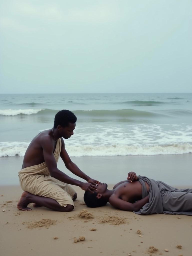 On a calm beach, one person kneels beside another lying injured on the sand. The kneeling person appears concerned, dressed in simple, traditional clothing, carefully examining the other's wounds. Waves gently lap against the shore in the background, creating a peaceful yet emotional atmosphere of care and urgency.