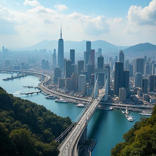 Aerial view of a beautiful city with stunning bridges and flyovers. City skyline is visible with water and greenery in the background.