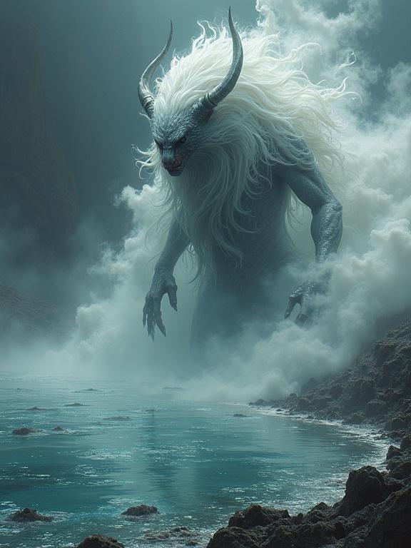 A mythical creature described as a smoke demon. It has silver-like skin and a huge figure. The creature rises from a lake surrounded by fractured mirrors. Its hair looks like mist. The demon's eyes resemble liquid mercury. At the shore, ash spirals create mandalas. Steam from the water reflects strange constellations in the sky.