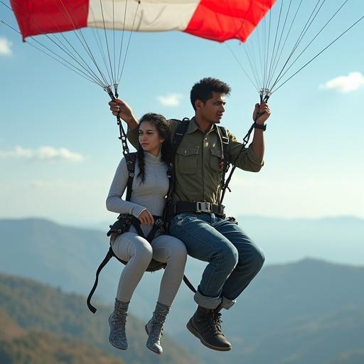 Photograph of tandem skydiving with a male skydiver and a biomechanical woman. Midday sky in the background. Parachute with red and white design. Scenic landscape below.