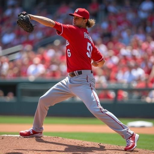 Baseball player in motion on field wearing team uniform during game. Bright daylight with clear sky and stadium backdrop. Pitcher preparing to throw a pitch.