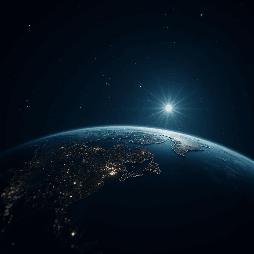 The sun rises over the Earth, illuminating city lights and coastlines from space.