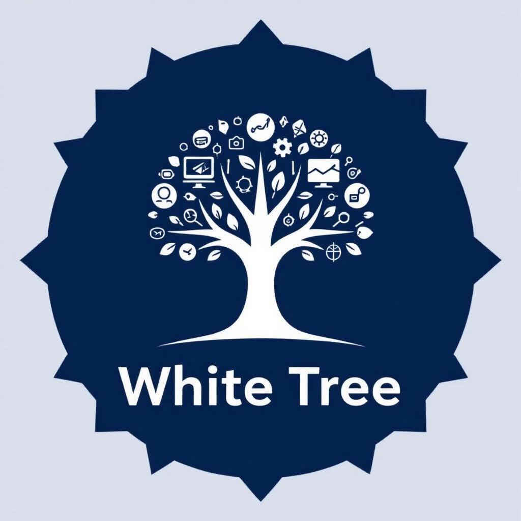 Logo of a white tree with technology symbols for a company named White Tree. The logo has a dark blue background. Symbols represent various aspects of technology. The design is simple yet modern.
