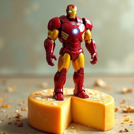 Iron Man standing on a wedge of cheese. The figure is prominently displayed on top of a cheese block. The setting is playful with a light-hearted theme.