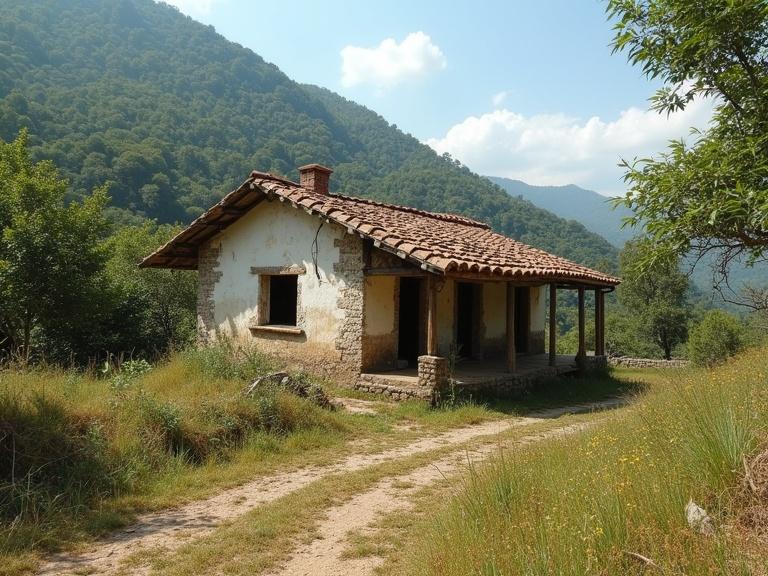 Old house beside a dirt road in a rural area of Mexico from the 1960s