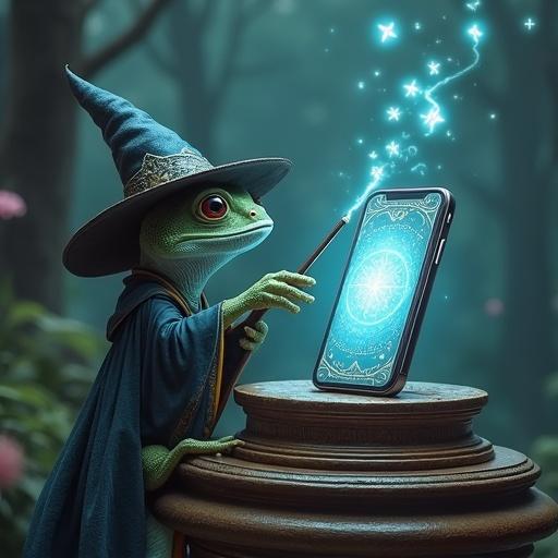 A magical gecko wizard points its wand at a smartphone on a pedestal. The smartphone glows with mystical light. The scene is in a magical environment with glowing symbols floating in the air and an ancient forest in the background. The gecko wears a wizard's hat and cloak, appearing focused and powerful. The smartphone has runes etched on its sides and emits a bright glow.