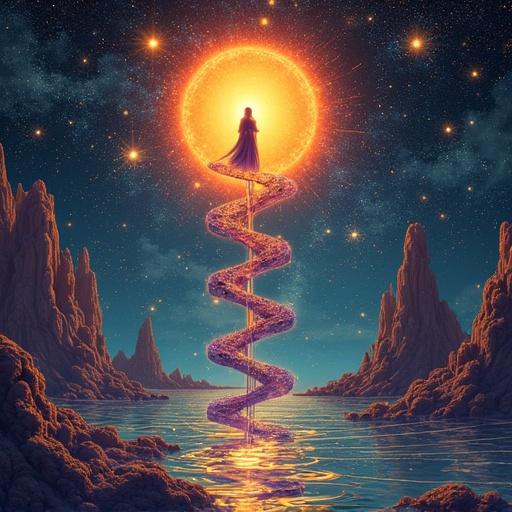Weird fractal art. Crystals in another dimension. Depiction of infinite spiral of radiant souls. Vertical helix with an eclipsed sun in background. Angelic silhouette at center. Descending souls dissolve and turn into stars. Vertical stones with symbols. Subterranean lights create pathways.
