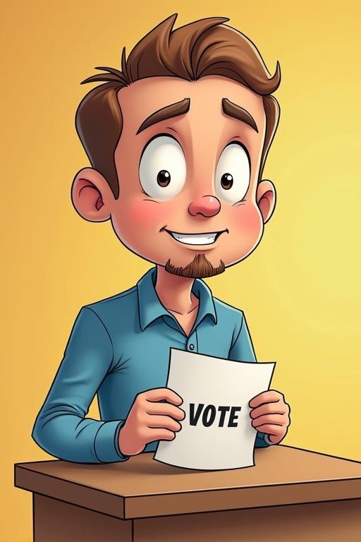 Illustration of a young cartoon man voting. He has a cheerful expression and holds a sign that says 'VOTE'.