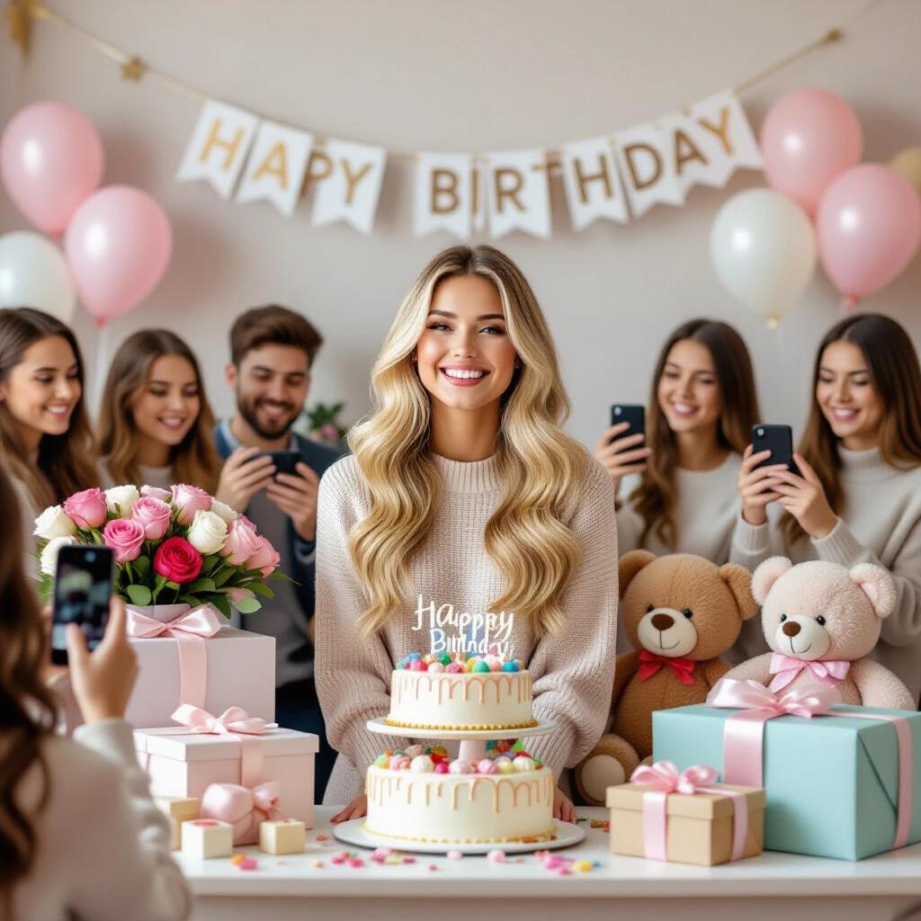 Image depicts a joyful young woman with blonde hair behind a table. The table is adorned with birthday gifts and decorations. There is a celebratory cake with a birthday message. Roses and stuffed animals are present. A 'Happy Birthday' banner hangs in the background. Guests are snapping photos with their phones, capturing the festive moment.