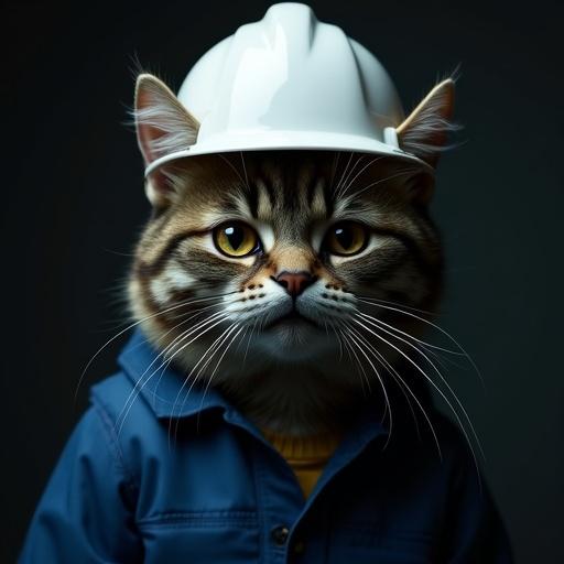 Semi-realistic cat with dark shadow over face. Wide terrified eyes. Mouth slightly open. Cat in white hard hat and blue work jacket. Negative prompt includes no expression, dead eyes, low detail face.