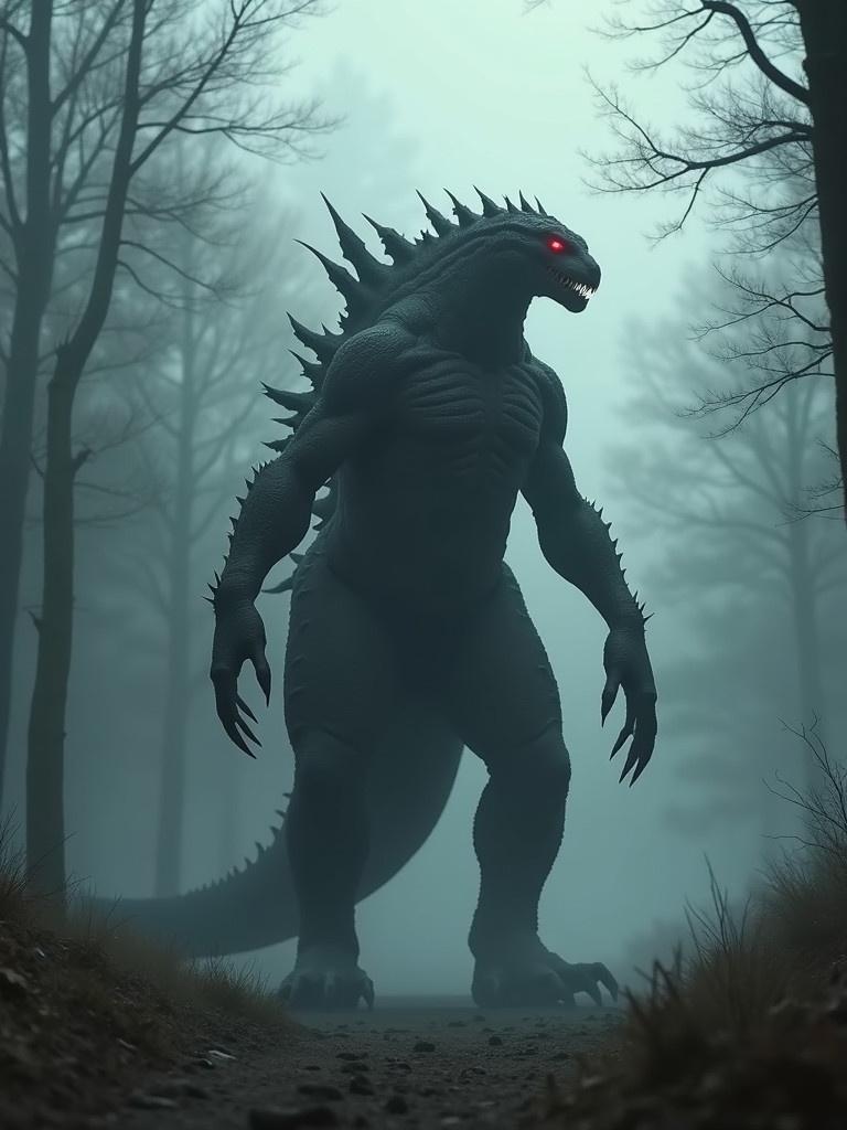 Large kaiju creature in a foggy forest. Its skin is black with spiky protrusions. Bone-like plates on its spine and two long tails. Glowing red eyes reflect danger.