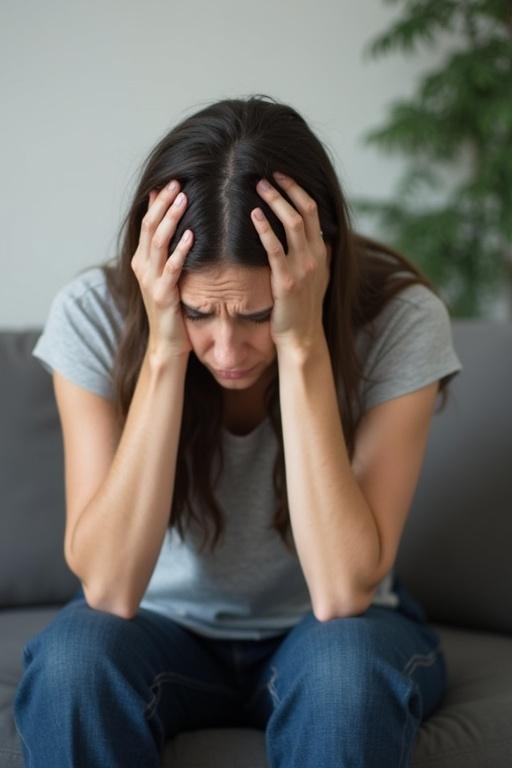 A woman sits on a sofa with her head in her hands. She appears stressed and overwhelmed. The sofa is simple; the background is soft and natural. Her expression shows distress and anxiety.