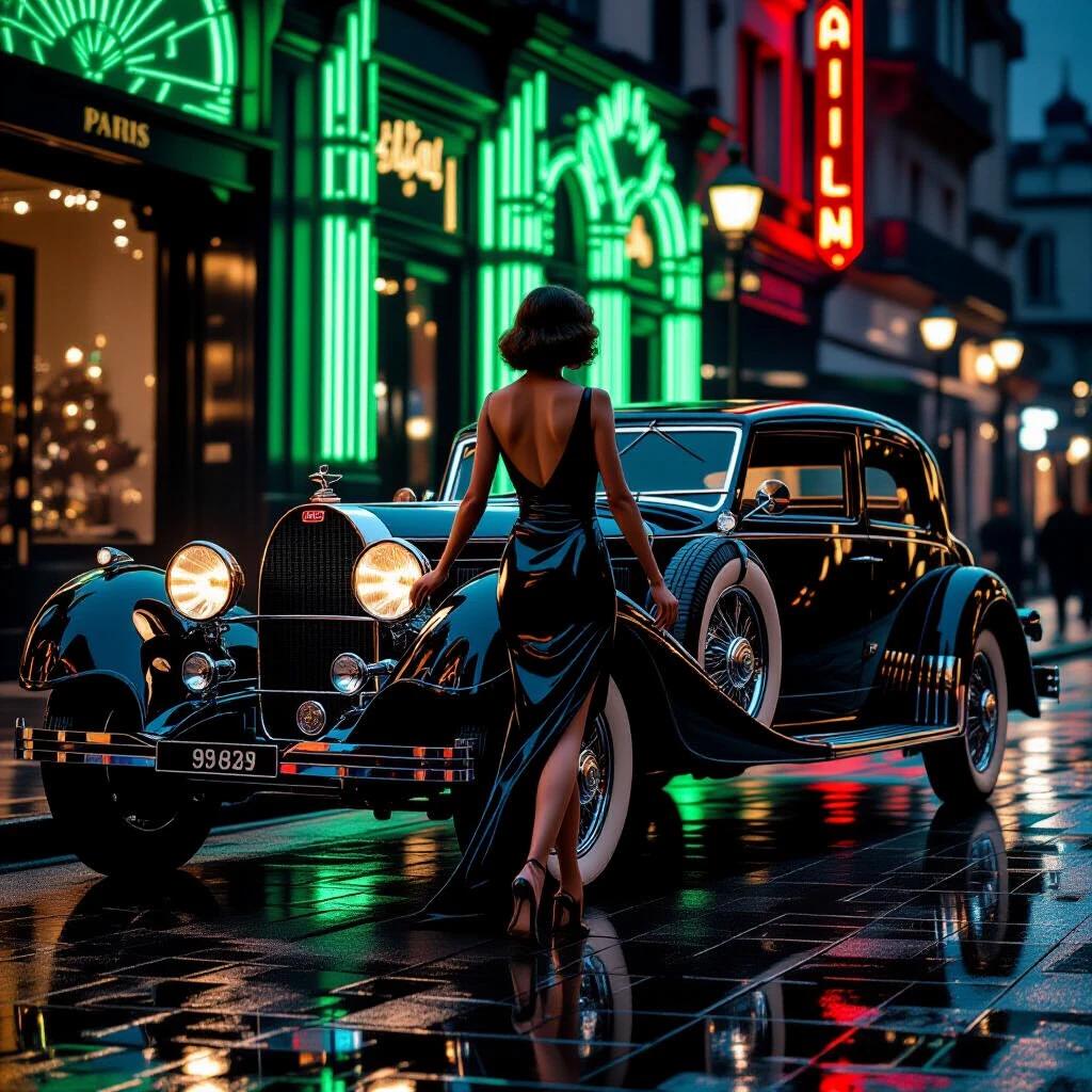 Elegant woman in a short black dress opening the door of a vintage 1924 Bugatti. The scene is set in a 1925 Paris midnight with wet cobblestones reflecting vibrant neon lights. The car is glossy black with chrome wheels. The lighting creates a cinematic atmosphere with soft glowing headlights. The woman's pose is dynamic as she turns her back to the camera.