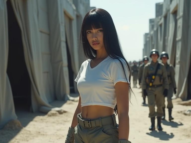 A female soldier with dark hair wearing a short white t-shirt and light grey army fatigue pants stands confidently in a vast military tent area. Soldiers march in the background under a sunny sky, showcasing a detailed and textured scene.