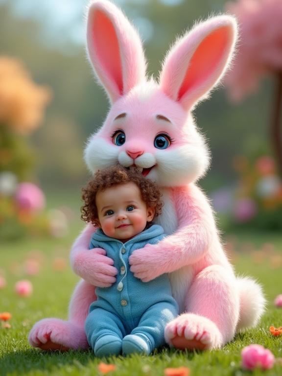A large pink and white rabbit sits in a vibrant park hugging a baby dressed in blue. Both characters smile joyfully while looking towards the camera. Bright flowers decorate the grassy background.