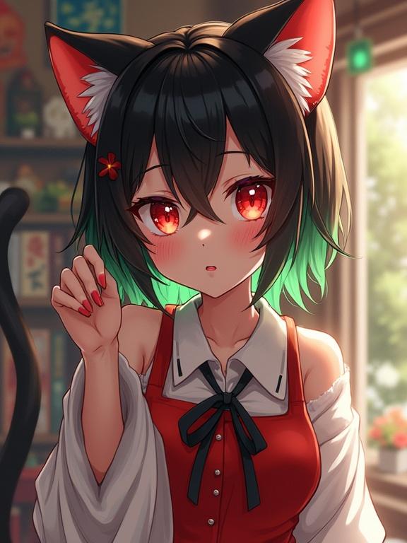 Anime image of a cat girl. Character has red eyes and green hair. She appears cute and playful.