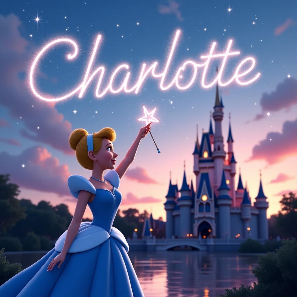 Cinderella character in Pixar style looks up and holds a star wand. The wand writes the word 'Charlotte' in the sky. The backdrop includes clouds of blue, pink, and purple with a sunset. A Disney castle and a lake are present below.