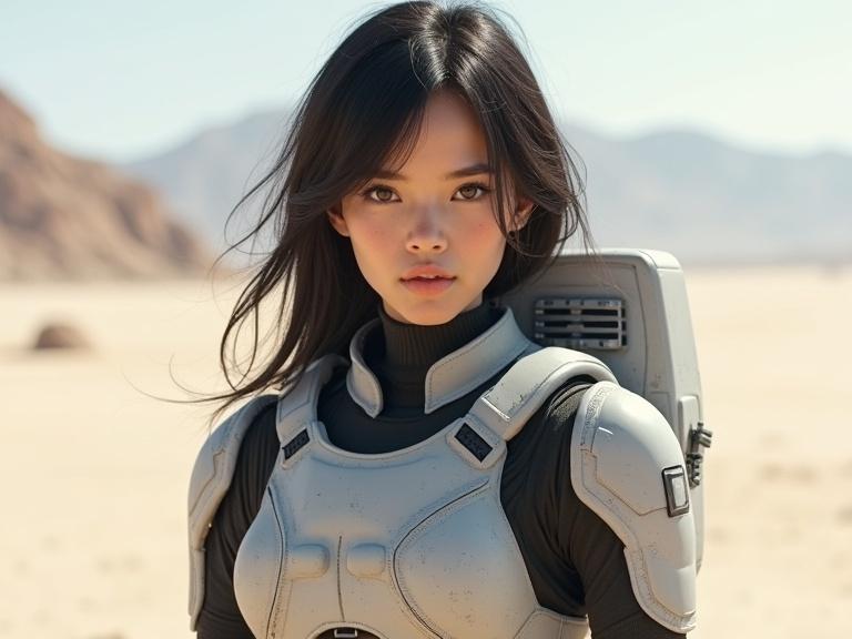 Realistic cute dark haired female sci-fi soldier in light grey military camouflage chest gear uniform posing in a sunny desert.