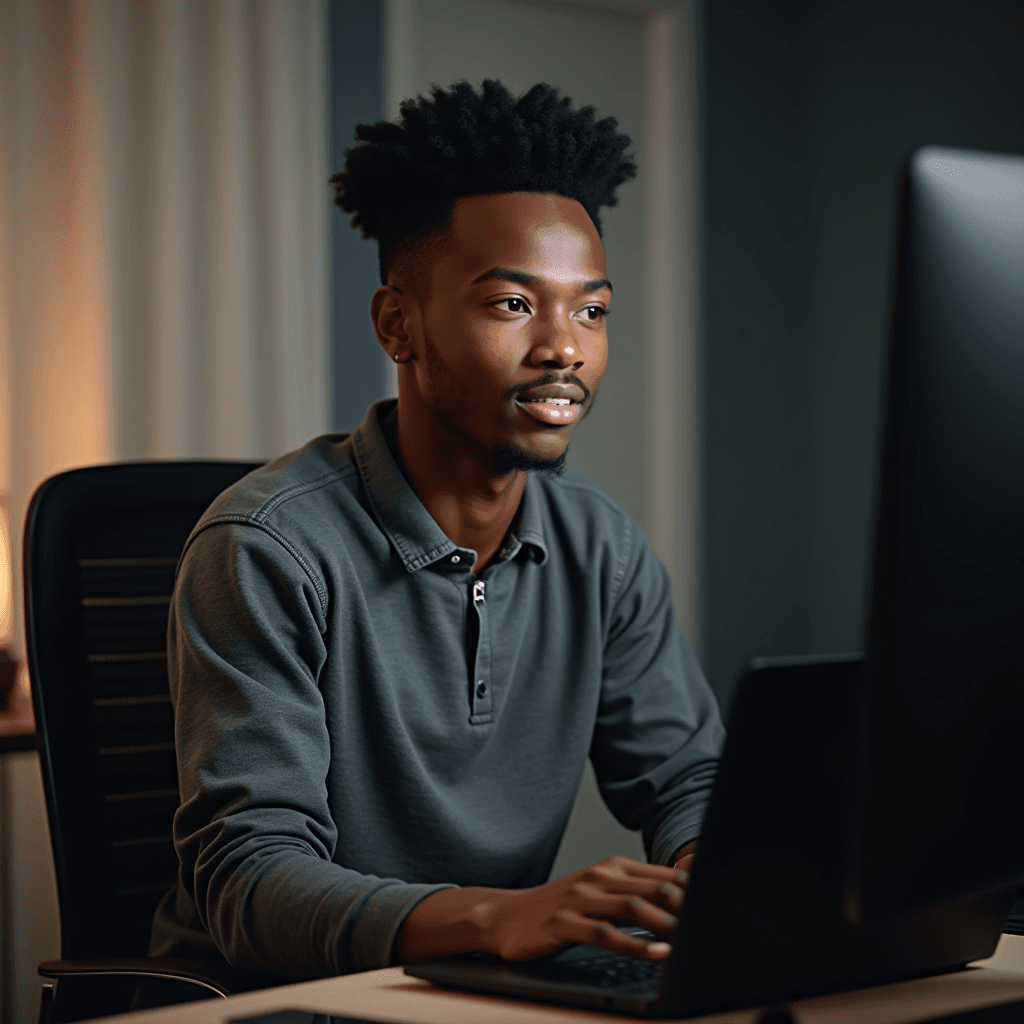 A person is deeply engaged while working on a computer in a dimly lit environment.