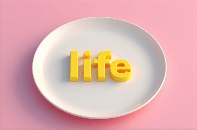 A white plate with the word 'life' in bright yellow letters set against a pastel pink background.