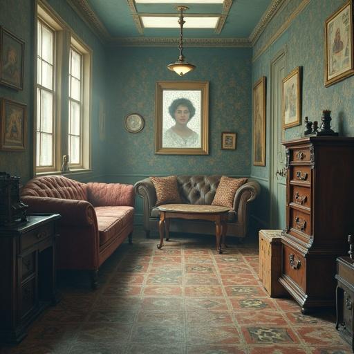 A vintage living room setting with elegant decor. Features a plush red sofa and a classic coffee table. Walls decorated in teal with vintage portraits. A sense of calm and simplicity dominates the scene.