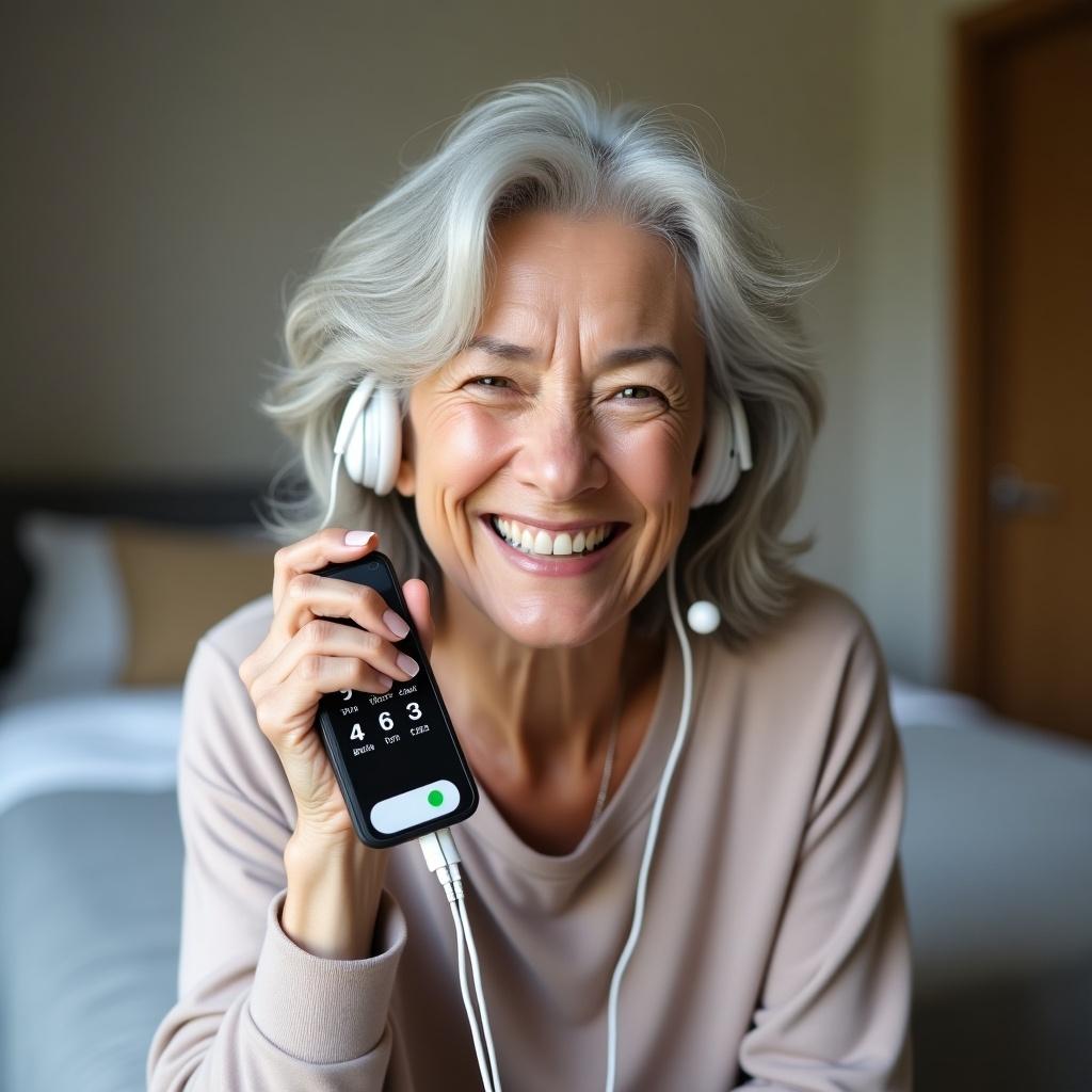 Elderly woman smiles joyfully while holding a mini phone connected to earphones. Bedroom background with soft colors. Silver hair enhances her natural beauty. She exudes self-assurance and warmth.