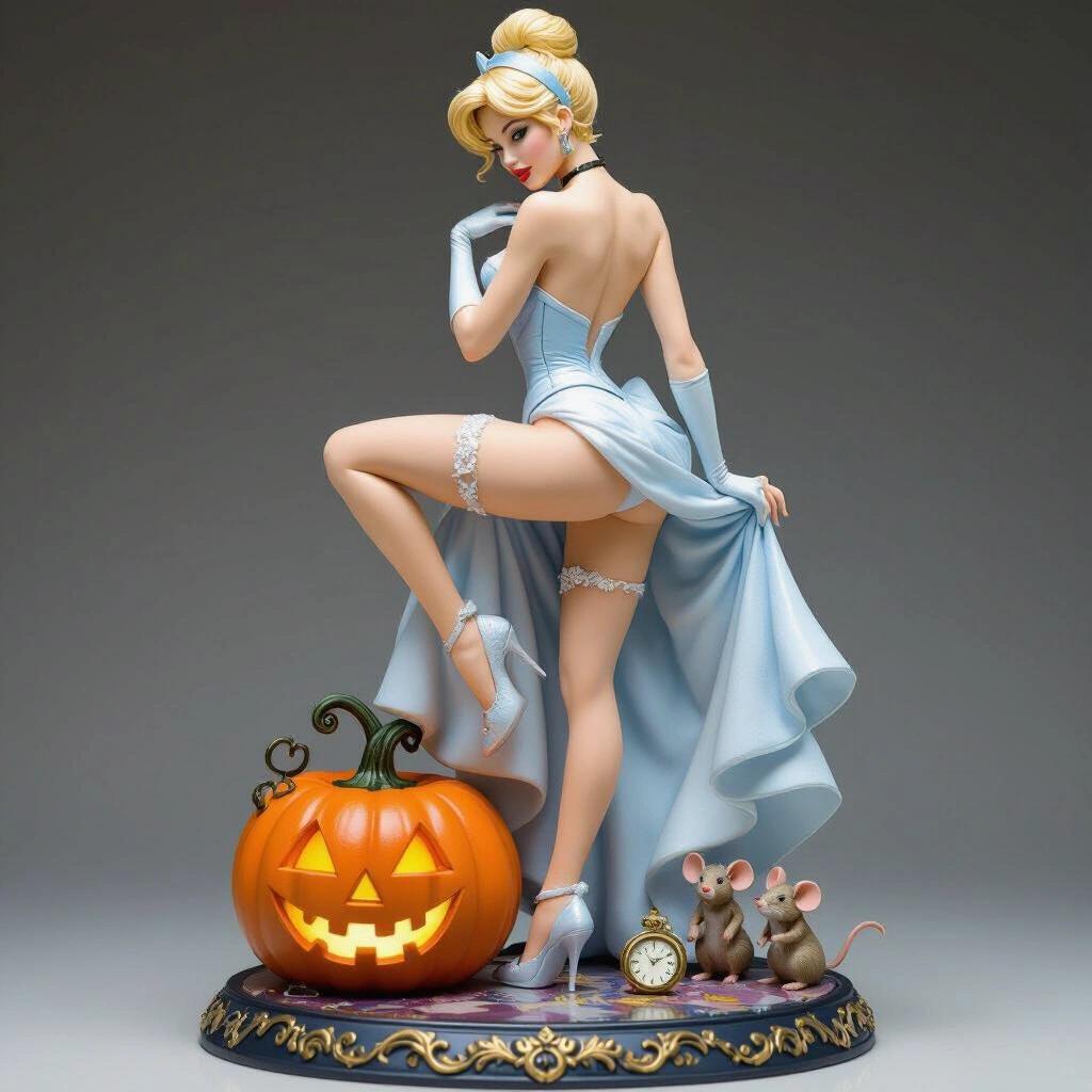 Ultra-detailed resin figurine inspired by Cinderella. Sensual blonde woman with light skin and delicate features. One leg elevated on a decorative pumpkin. Adjusts garter with hands while expressing confidence. Base includes magic pumpkin, pocket watch, and two dressed mice. Feminine, sensual, fantastical style.