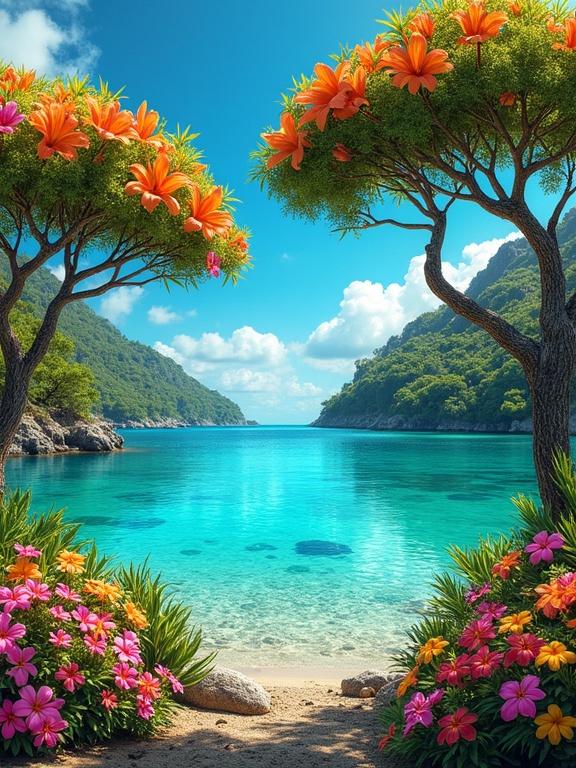 A tropical landscape features a turquoise lake. The lake's water is blue-green and smooth. Near the shore, the water is shallow and clear. Trees have rounded canopies with multicolored blossoms in orange, pink, and yellow. The tree trunks are slender and curved. In the foreground, lush bushes with star-shaped flowers in pink, yellow, and orange bloom. The sky is clear blue with a few clouds. The scene evokes a tropical paradise.