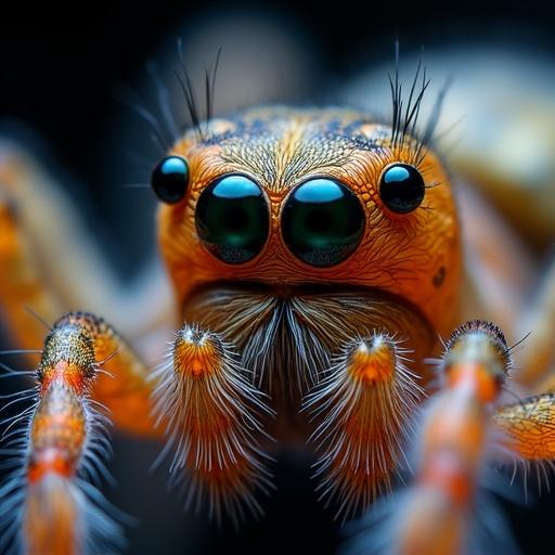 High definition macro photograph of spider face showcasing intricate details. Emphasis on photorealism and deep vibrant colors. Created in the style of noted photographers and artists.