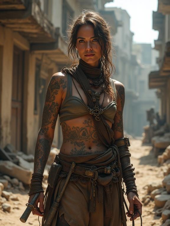Photorealistic portrait of a skilled craftsman or craftswoman in a reborn civilization. Intricate tattoos symbolize craft lineage. Wears layered garments, hands stained with soot. Set in a partially rebuilt city with weathered structures. Warm natural light. Complex tools hang at their side. Cinematic composition with shallow depth of field.