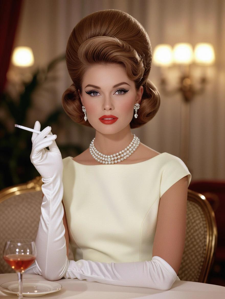 Portrait of a woman with a bouffant hairstyle. She wears a pearl necklace and diamond earrings. Holding a cigarette. Makeup features winged eyeliner and red lipstick. Her dress is A-line and ivory, with white gloves and kitten heels. Setting is glamorous with soft lighting and decor. Style similar to Slim Aarons' photography.