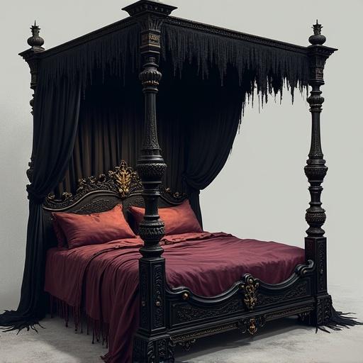 2D side view of gothic four-poster bed. Tattered black velvet canopy. Ebony posts carved with skull and vine motifs. Frayed burgundy bedding. Tall ornate headboard. Thin worn mattress. Flickering candlelight casting moody shadows. Weathered wood and rusted metal details. Style: 2D digital art, dark gothic, muted palette, intricate textures, transparent background.
