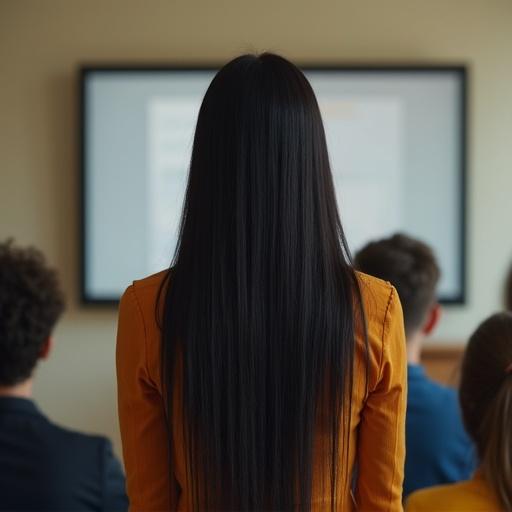 Dark haired Colombian student stands during classroom presentation. She wears a short mini outfit and faces the viewer. The classroom has a presentation screen in the background.