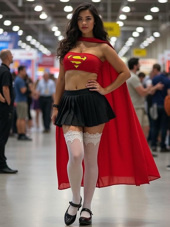 Full body of a mother in superhero costume at comic convention. She wears a red crop top with Superman logo, a black mini pleated skirt, white lace thigh high stockings, and black Mary Jane shoes. The background features convention attendees.