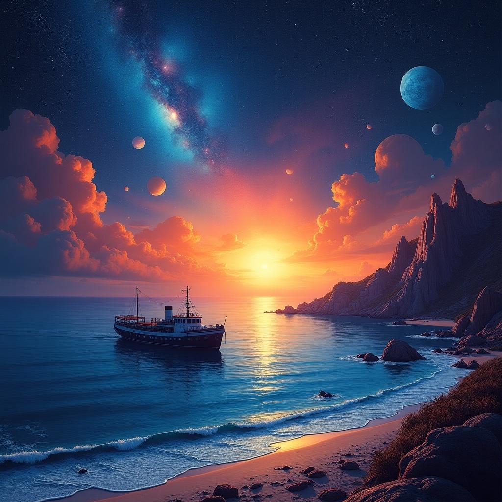 This artwork depicts a stunning imaginary landscape set in outer space. The scene features a sea bay with a moored ghost vessel, in a dramatic sunset that transitions from deep blues to vibrant oranges across the horizon. Surrounding the area, nebulas and planets float majestically in a dark starry sky. The overall vibe of the piece combines elements of psychedelic art with themes of futuristic space exploration and spiritual energy.